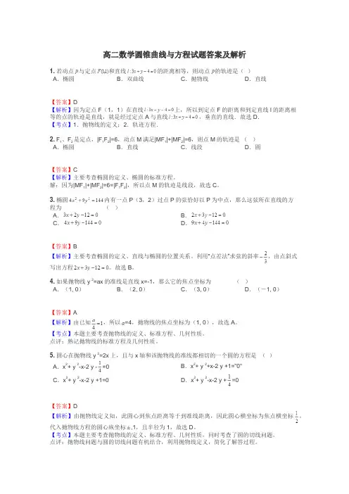 高二数学圆锥曲线与方程试题答案及解析
