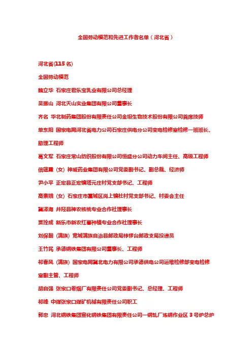 河北省全国劳动模范和先进工作者名单