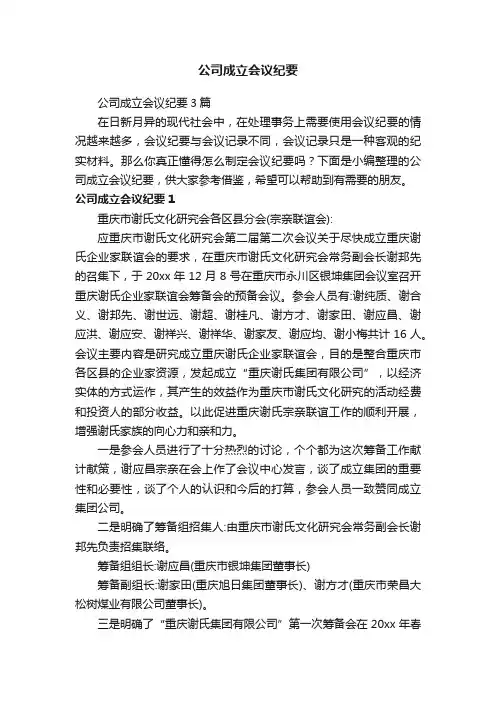 公司成立会议纪要3篇