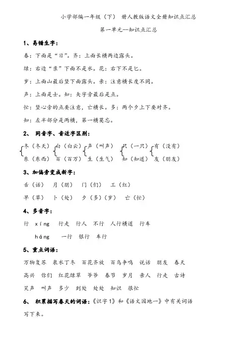 整理：小学语文部编一年级(下) 册 人教版分单元知识点汇总