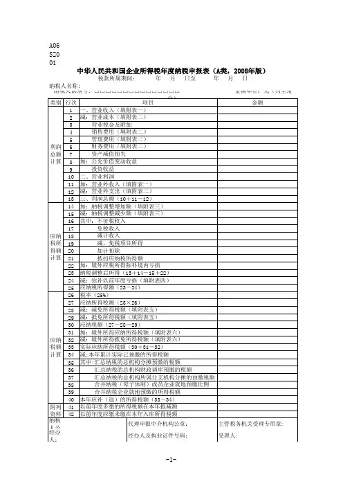A06SZ001中华人民共和国企业所得税年度纳税申报表(A类,适用于2008-2013年)