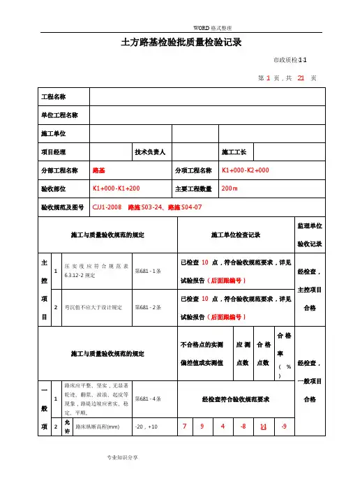 城镇道路工程[CJJ1_2008]检验批质量检验记录文本表格