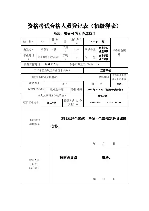 资格考试合格人员登记表(初级样表)
