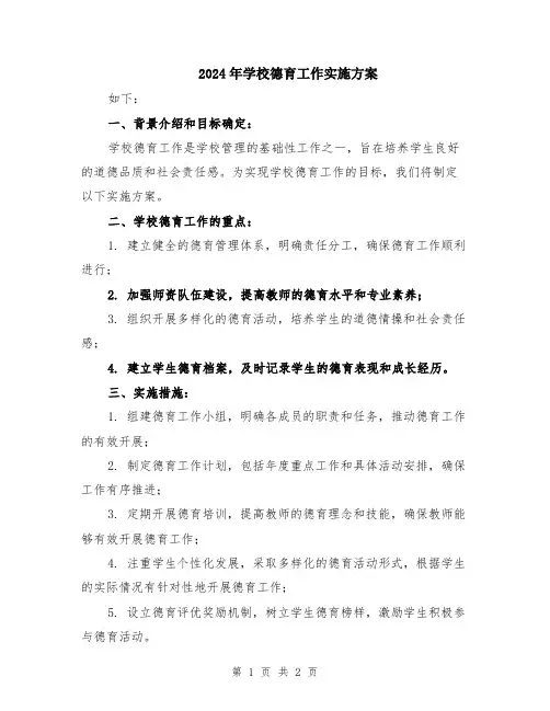 2024年学校德育工作实施方案