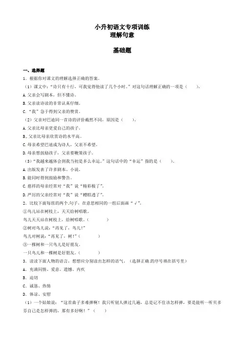 小升初语文专项训练：理解句意(有答案)