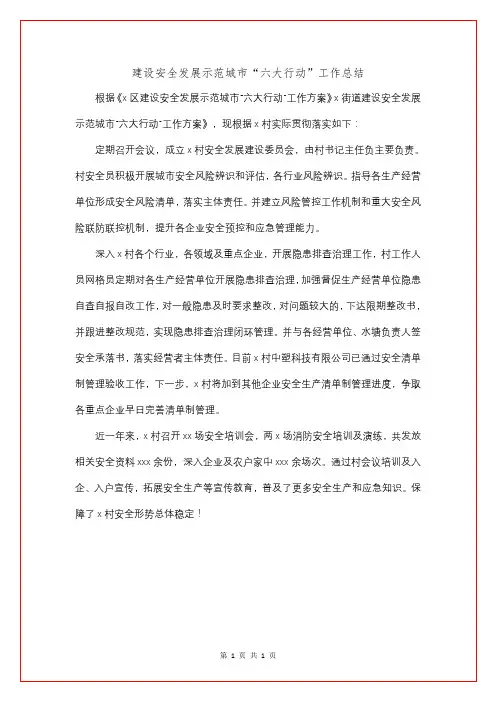 建设安全发展示范城市“六大行动”工作总结