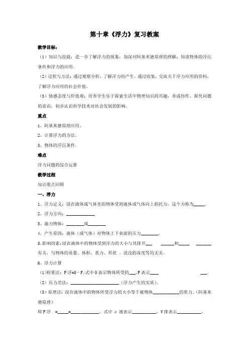 初中物理_第十章浮力复习课教学设计学情分析教材分析课后反思