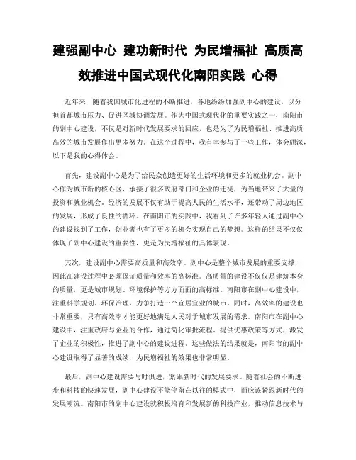 建强副中心 建功新时代 为民增福祉 高质高效推进中国式现代化南阳实践 心得
