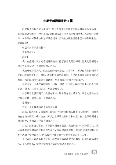 中层干部辞职报告5篇