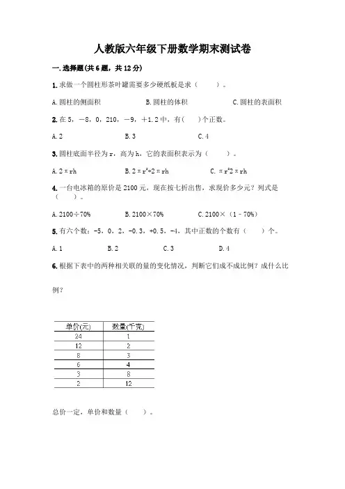 人教版六年级下册数学期末测试卷附参考答案(实用)
