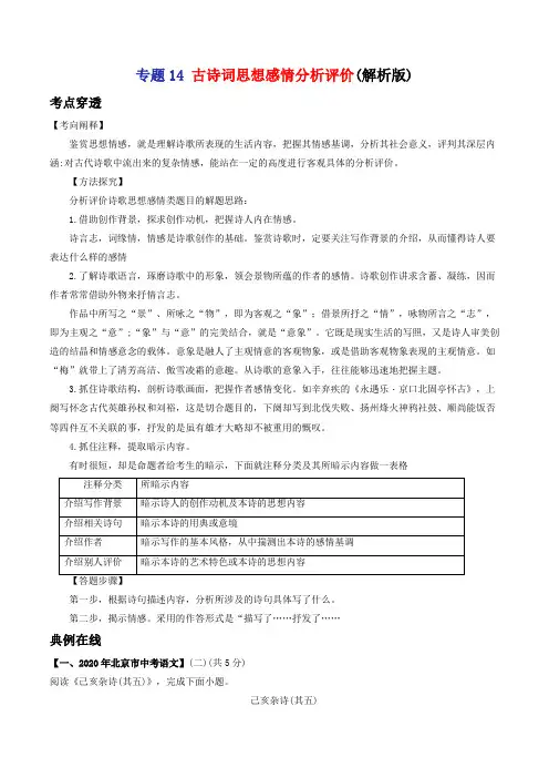 专题14 古诗词思想感情分析评价-2021年中考语文考前抓大分技法之古诗词鉴赏(教师版含解析)