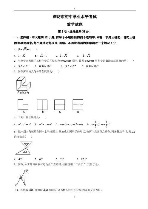 2020届山东省潍坊市中考数学模拟试题有答案(Word版)(已审阅)
