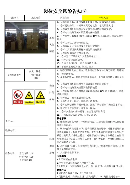 成品仓库岗位安全风险告知卡