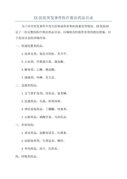 XX医院突发事件医疗救治药品目录