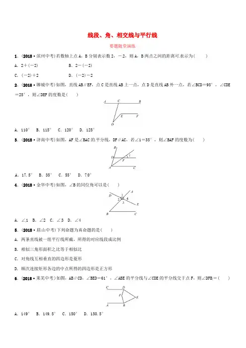 潍坊专版2019中考数学复习第1部分第四章几何初步与三角形第一节线段角相交线与平行线要题随堂演练含答案