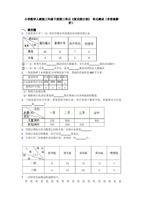 小学数学人教版三年级下册第三单元《复式统计表》 单元测试(有答案解析)