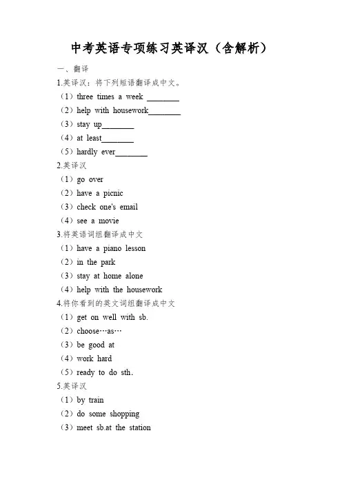 中考英语专项练习英译汉(含解析)