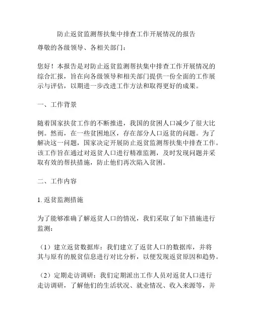 防止返贫监测帮扶集中排查工作开展情况的报告