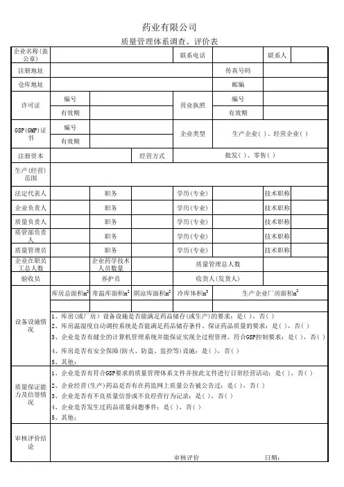 质量管理体系调查表、评价表