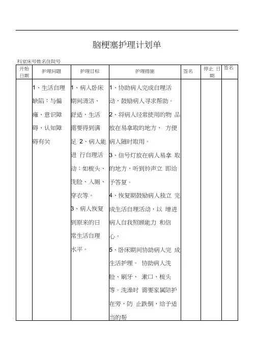 脑梗塞护理计划单
