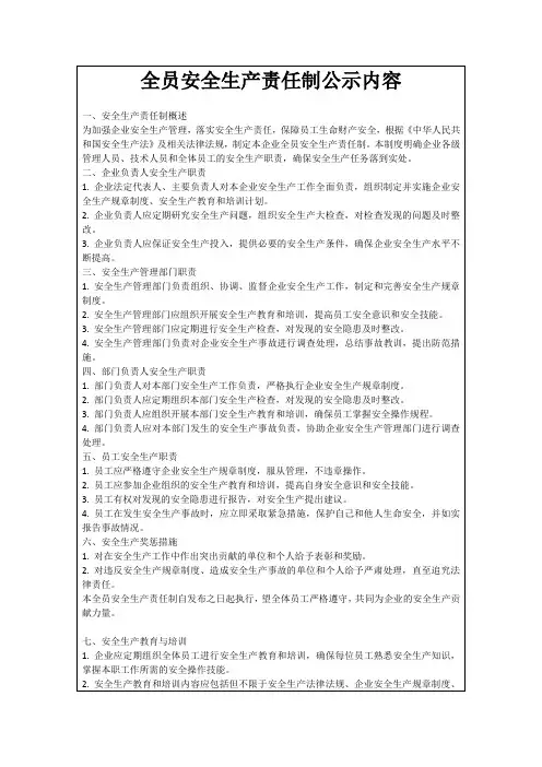 全员安全生产责任制公示内容