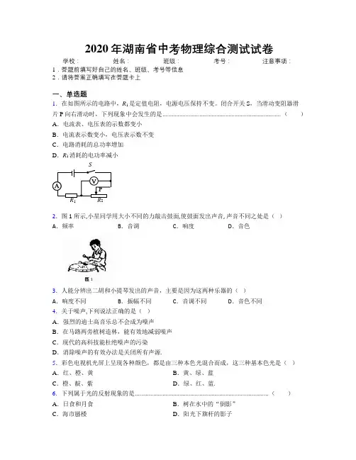 2020年湖南省中考物理综合测试试卷附解析