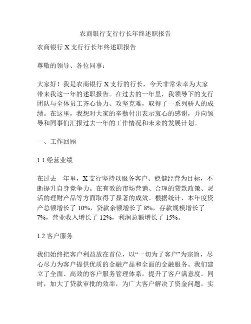 农商银行支行行长年终述职报告