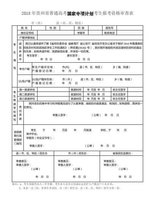 2018年贵州省普通高考国家专项计划考生报考资格审查表