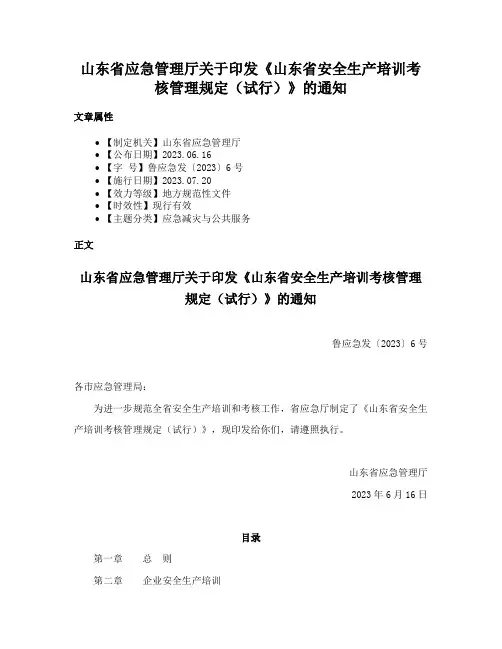 山东省应急管理厅关于印发《山东省安全生产培训考核管理规定（试行）》的通知