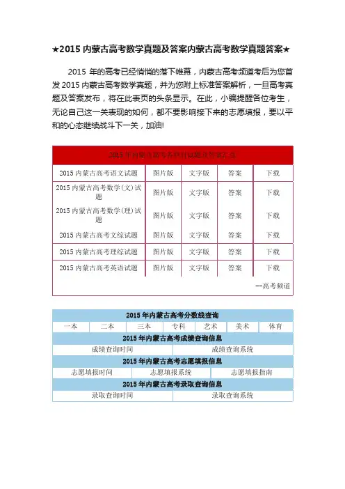 ★2015内蒙古高考数学真题及答案内蒙古高考数学真题答案★