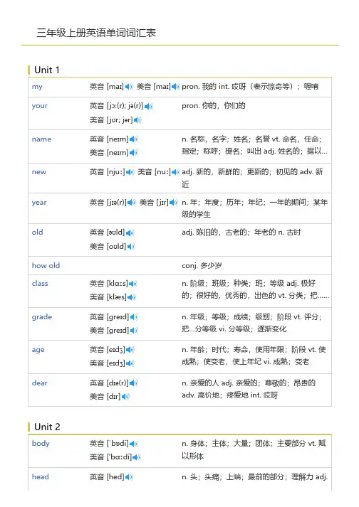 三年级上册英语单词词汇表