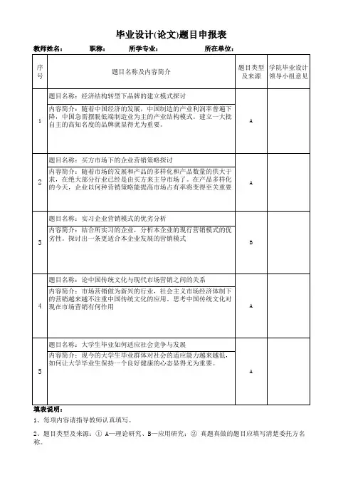 毕业设计(论文)题目申报表(指导教师用)