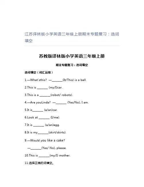 江苏译林版小学英语三年级上册期末专题复习选词填空