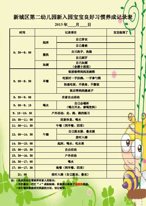 幼儿园新入园宝宝良好习惯养成记录表