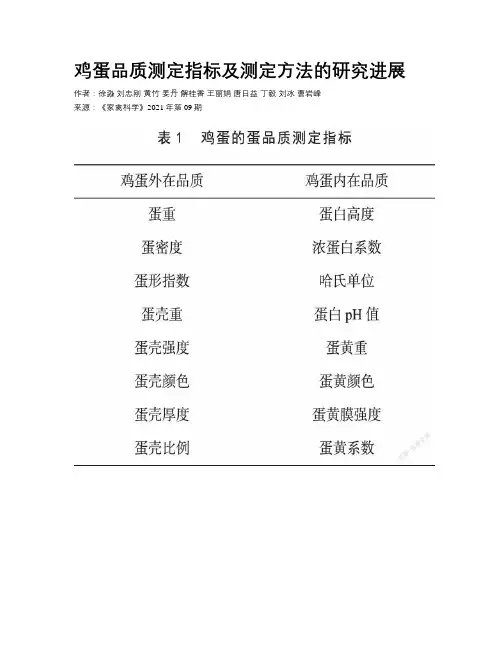 鸡蛋品质测定指标及测定方法的研究进展