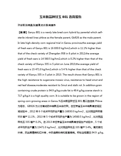玉米新品种甘玉801选育报告