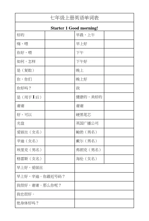 七年级上册英语单词检测表.doc