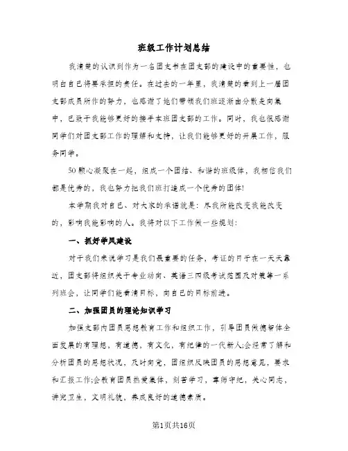 班级工作计划总结（5篇）