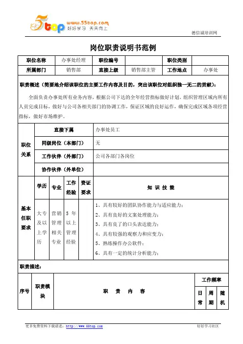 办事处经理岗位职责说明书