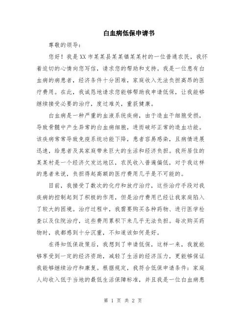 白血病低保申请书