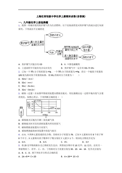 上海位育初级中学化学初三化学上册期末试卷(含答案)