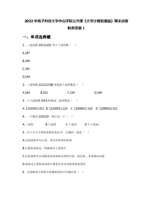 2022年电子科技大学中山学院公共课《大学计算机基础》期末试卷B(有答案)