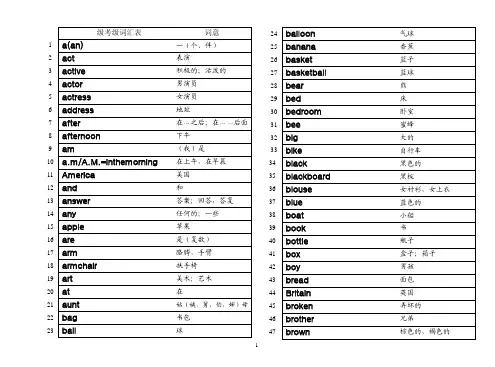 天津市初等英语水平考试一级词汇表