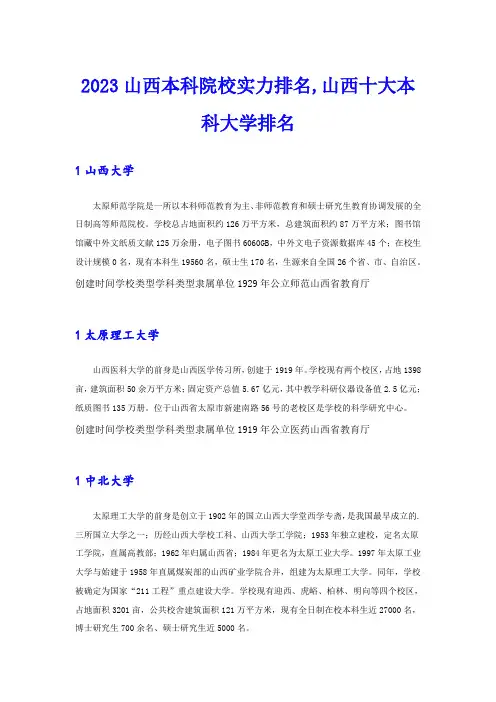 2023山西本科院校实力排名,山西十大本科大学排名