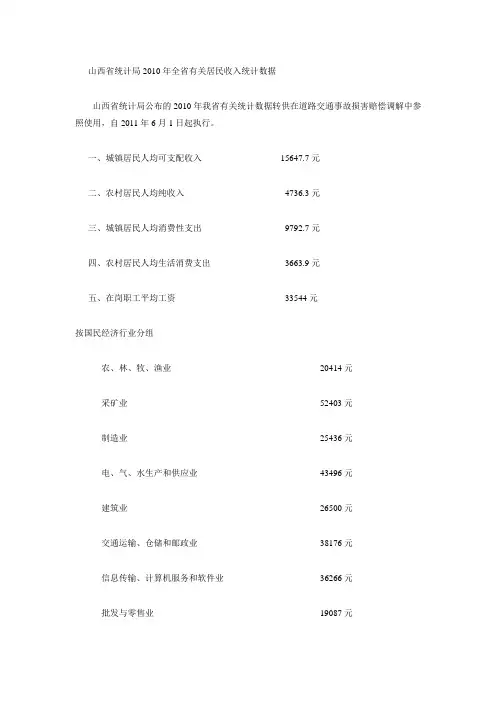山西2010年有关居民收入统计数据