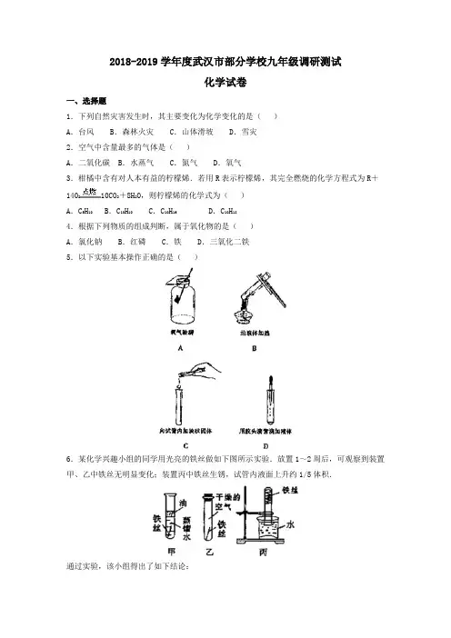 湖北武汉部分学校2018-2019学年九年级上调研