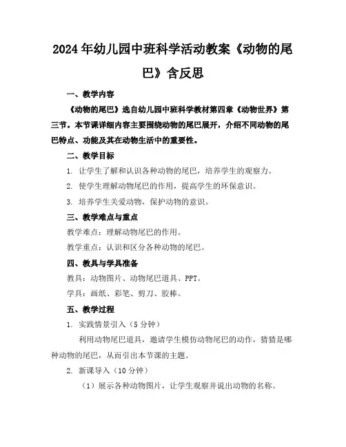 2024年幼儿园中班科学活动教案《动物的尾巴》含反思