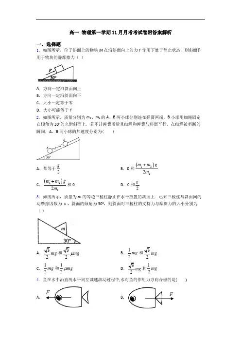 高一 物理第一学期11月月考考试卷附答案解析