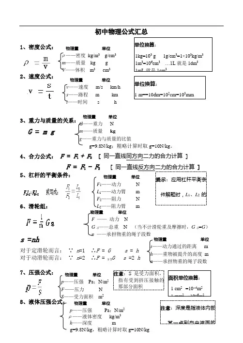 初中物理公式汇总-中考物理知识点总结