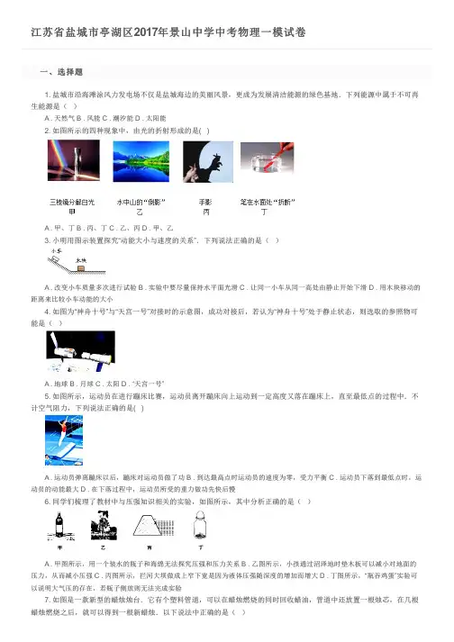 江苏省盐城市亭湖区2017年景山中学中考物理一模试卷  及参考答案